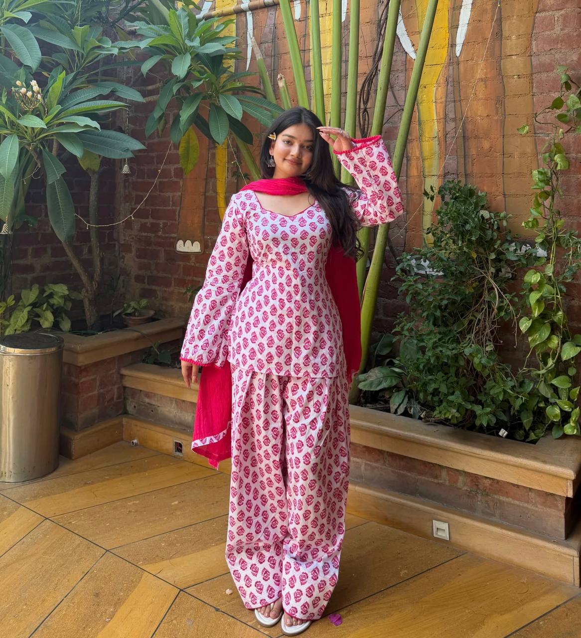 Charming Pink Floral Block Print Peplum Kurti and Wide-Leg Palazzo Suit Set Featuring an Elegant Tie-Up Back and Solid Vibrant Dupatta